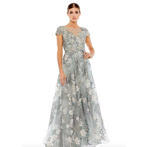 Mac Duggal $798 Floral Embroidered Short Sleeve Gown Maxi Dress 20294 Size 12